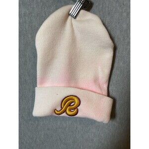 Women's Pink Gradient Beanie Hat with Embroidered Gold 'R' Logo Cuffed Knit Cap